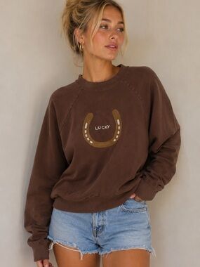 Banner Day Brown Lucky Embroidered Sweatshirt Size Medium 38807
